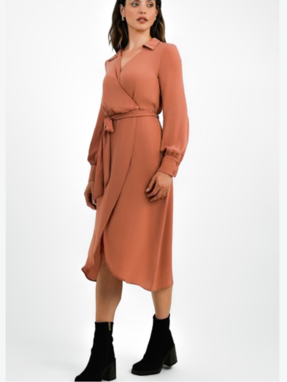 ASOS DESIGN Collared Wrap Midi Dress With Tie Belt In Terracotta